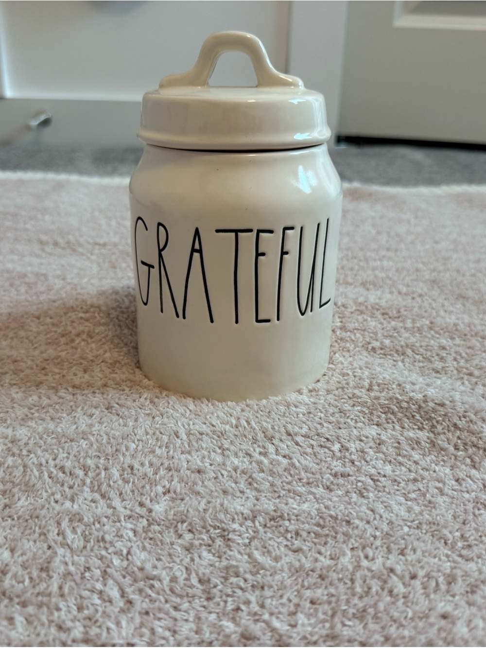 Rae Dunn Cream Ceramic Canister with 'GRATEFUL' Lettering